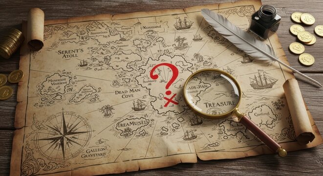 Ancient vintage pirate treasure map with a hand-drawn red question mark and X mark, featuring a brass magnifying glass, a white quill feather pen, an inkwell, and scattered gold coins on a rustic