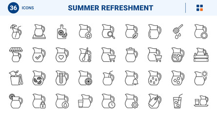 Fototapeta premium Iced Tea Pitcher Summer Refreshment Web Icon Set in Linear Style. Collection of cold brew line icons, including iced tea pitcher, lemon slice, ice bucket, fruit infuser, market stall and more.