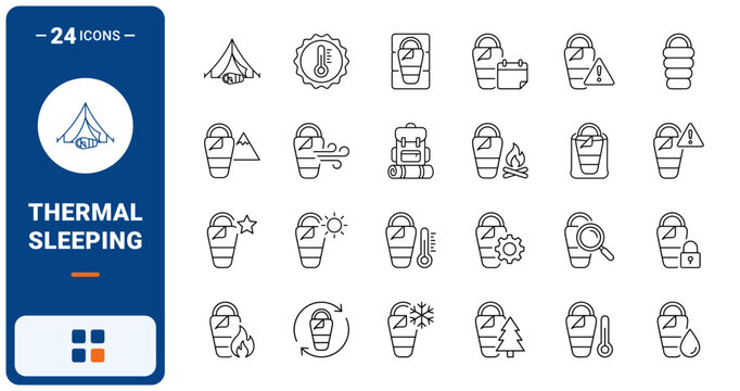 Sleeping Bag Temperature Rating Web Icon Set in Linear Style. Collection of thermal gear line icons, including sleeping bag, temperature gauge, cold weather, insulation rating and more.
