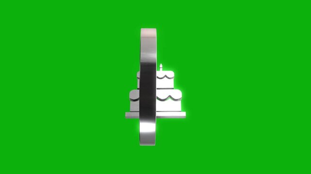 3D silver birthday cake icon rotating inside metallic circle on green screen background.