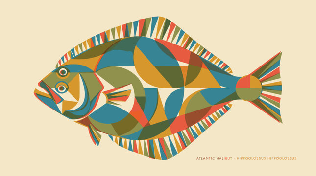 Atlantic halibut fish geometric vector illustration in retro style