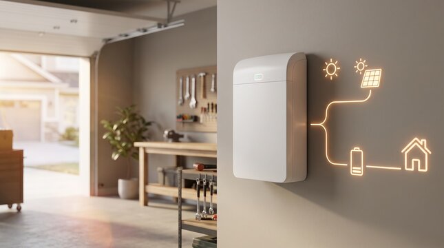 Modern residential energy storage system mounted on garage wall displaying smart home power flow graphics for solar panel electricity battery backup solution for sustainable living.
