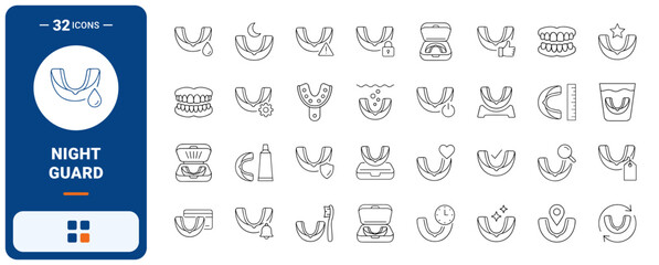 Fototapeta premium Mouth Guard Night Grinding Web Icon Set in Linear Style. Collection of Dental Guard line icons, including night guard, storage case, cleaning cup, bite tray, moon star, sleep shield and more.