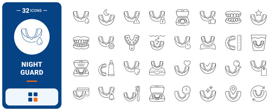 Mouth Guard Night Grinding Web Icon Set in Linear Style. Collection of Dental Guard line icons, including night guard, storage case, cleaning cup, bite tray, moon star, sleep shield and more.