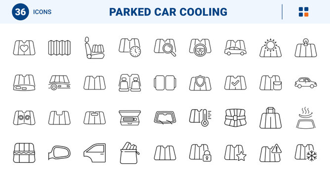 Car Sun Shade Summer Web Icon Set in Linear Style. Collection of Auto Cooling line icons, including windshield shade, sun shield, dashboard protection, folded shade, heat barrier and more.