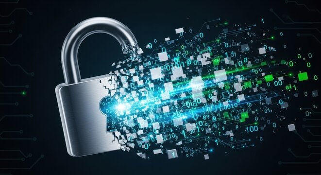 Futuristic metallic 3D rendered padlock with brushed steel texture, shattering and dissolving into glowing blue and green digital binary code and pixelated data blocks, bursting outward from a keyhole