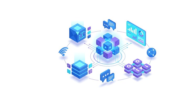 Cloud computing network and data center isometric vector illustration with connected nodes and analytics dashboard