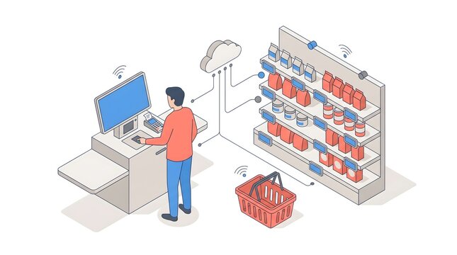 Smart retail isometric vector illustration with self checkout counter, connected shelves and cloud inventory management