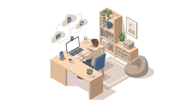 Work from home isometric vector illustration with man working on laptop and cloud computing service
