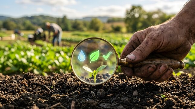 Farmer hand holding magnifying glass over a small green sprout in soil showing water leaf and check mark icons