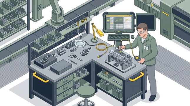 Factory quality control isometric vector illustration with engineer inspecting machine engine part at workstation