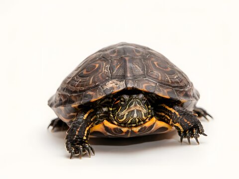 Close-up portrait of mature wild turtle with textured shell on white background