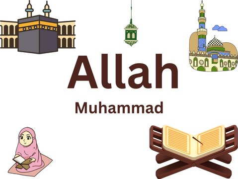 Islamic Educational Vector Illustration Featuring the Kaaba, Masjid al-Nabawi, Open Quran on a Wooden Stand, Arabic Lantern, and a Muslim Girl in Hijab Reading with Allah and Muhammad Typography 2026
