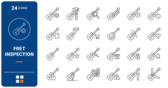 Guitar Fret Wear Check Web Icon Set in Linear Style. Collection of Instrument Inspection line icons, including fret check, neck ruler, wear gauge, radius arch, leveling beam, feeler blade and more.