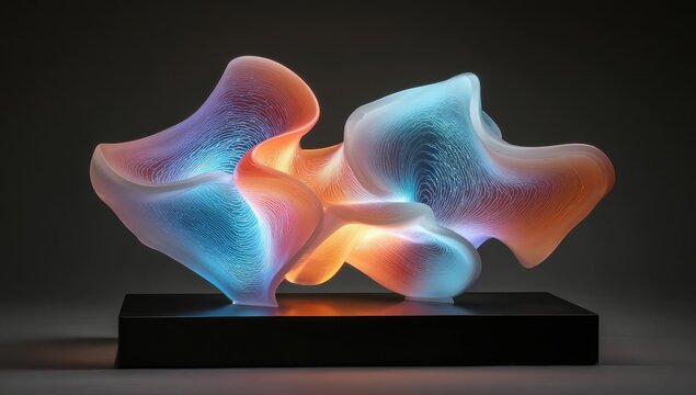 Illuminated abstract glass sculpture with flowing organic forms transitioning from cool blue to warm orange hues set against a dark neutral background showcasing intricate internal light patterns and