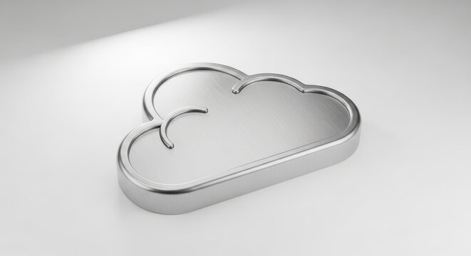 Minimalist modern 3D rendered metallic cloud storage icon with brushed steel texture, chrome polished edges, and realistic shadows resting at an isometric angle on a clean white studio background with