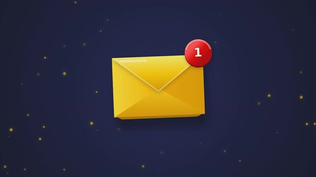 3D floating email notification pop-up animation loop. Digital message alert bubble with envelope icon glows and bounces on screen.
