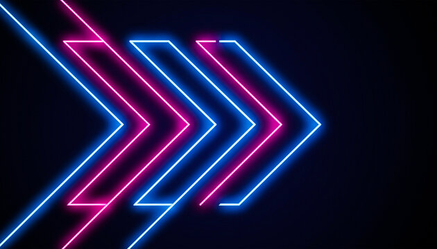 Abstract glowing neon chevrons on dark background digital futuristic motion.