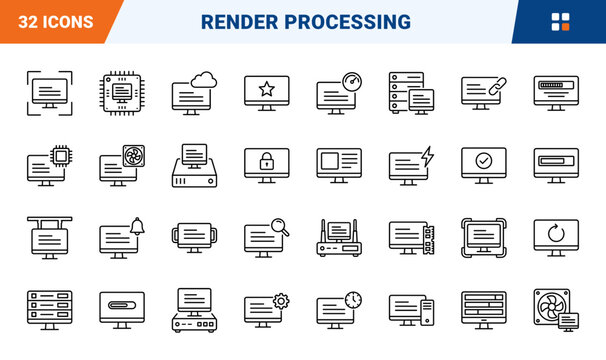 Render Queue Screen Web Icon Set in Linear Style. Collection of Export Processing line icons, including progress bar, speed gauge, batch processing, cloud render, queue manager and more.