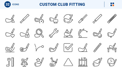Golf Club Fitting Web Icon Set in Linear Style. Collection of Custom Golf Line Icons, including golf club, shaft flex, loft angle, lie angle, launch monitor, swing speed, custom specs and more. © PixeloAI