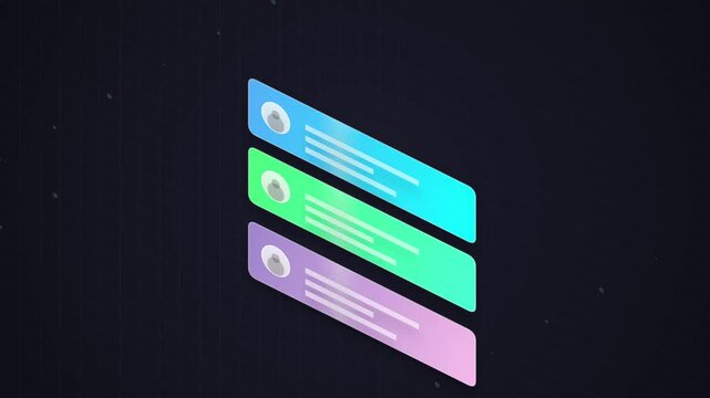 Isometric digital user notification message alerts on dark abstract background displaying colorful UI interface elements