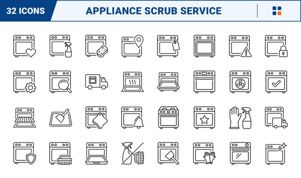 Oven Cleaning Web Icon Set in Linear Style. Collection of Appliance Maintenance line icons, including oven door, spray bottle, scrub brush, rack shelf, service truck, timer knob, spark mark and more.