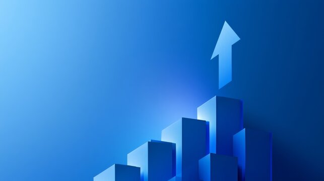 Growing bars with an arrow pointing upwards on a blue background show progress and success in business