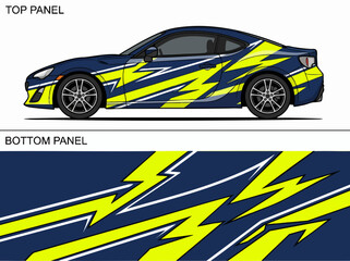 Fototapeta premium Blue sports car with yellow lightning bolt decals