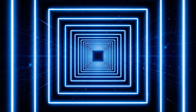 Blue neon squares creating a tunnel effect on a dark digital background.
