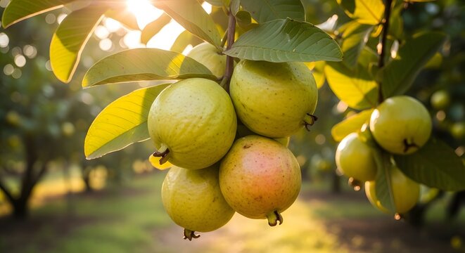 Ripe golden yellow quince fruit hanging on branches in an orchard sunlight