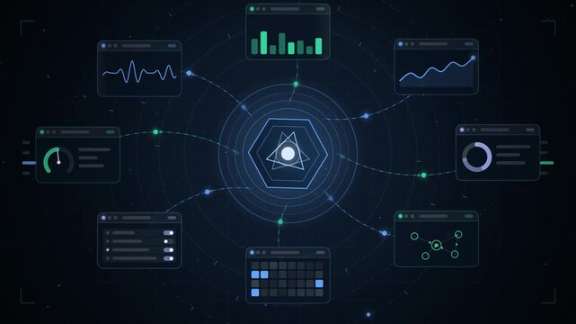 Abstract animated AI agents orchestrating tasks across a hub drawn as blue and cyan lines and dots on a deep dark background. Clean 4K motion graphics video element with free space around it, ideal fo