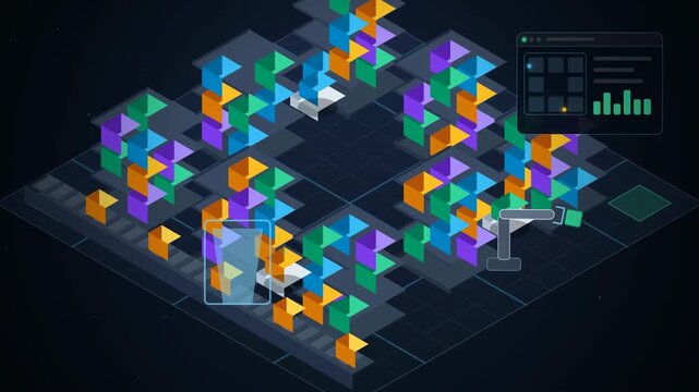 Abstract animated isometric warehouse robots moving stock drawn as cyan and teal lines and dots on a deep dark background. Clean 4K motion graphics video element with free space around it, ideal for l