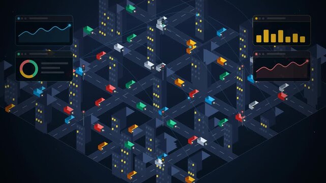 Abstract animated traffic flowing through a smart city grid drawn as blue and cyan lines and dots on a deep dark background. Clean 4K motion graphics video element with free space around it, ideal for