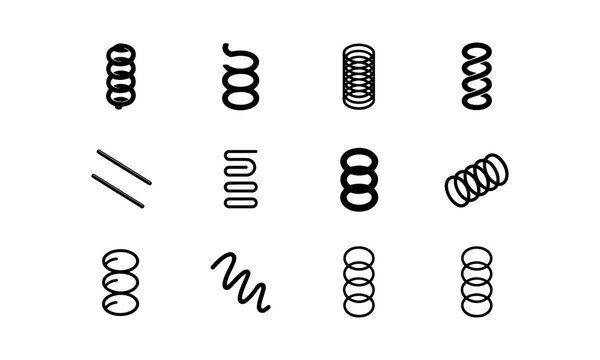 A collection of various mechanical springs and coil designs represented as simple black outline icons on a clean white background surface
