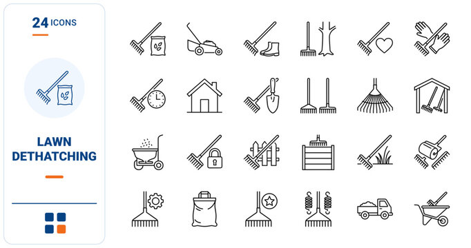 Moss Rake Spring Lawn Scarifying Web Icon Set in Linear Style. Collection of Turf Scarifier line icons, including dethatching rake, wheelbarrow, compost bin, spring tines, lawn care and more.