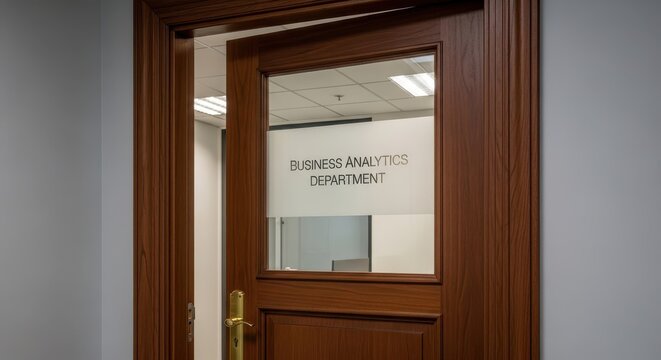 Professional dark wooden door with a frosted glass window displaying 'Business Analytics Department' text standing slightly ajar in a clean corporate hallway, with bright interior ceiling lights
