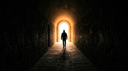 Fototapeta premium Silhouette of a Person Walking Towards a Bright Light in a Tunnel