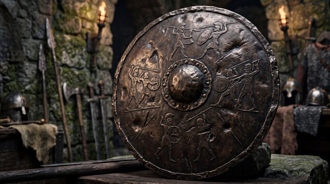 Antique bronze shield displayed in a dimly lit medieval setting with stone walls and weapons in the background
