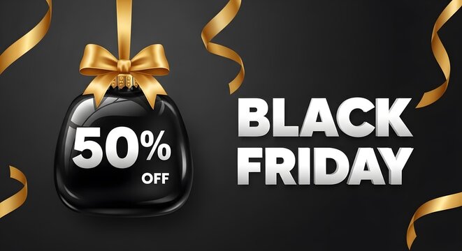 Black friday sale banner with gift bag and golden ribbon decoration