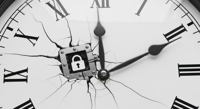 Conceptual 3D rendered shattered white clock face featuring a metallic digital padlock security icon bursting through the cracked surface with black Roman numerals, symbolizing data protection, time