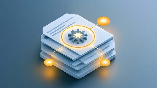 Stack of documents with a gear icon and glowing nodes in a digital style