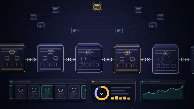 Abstract animated blocks appended to a blockchain ledger drawn as blue and cyan lines and dots on a deep dark background. Clean 4K motion graphics video element with free space around it, ideal for te
