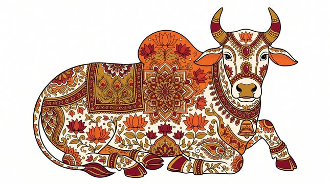 Ornate Decorated Indian Cow Lying Down on White Background