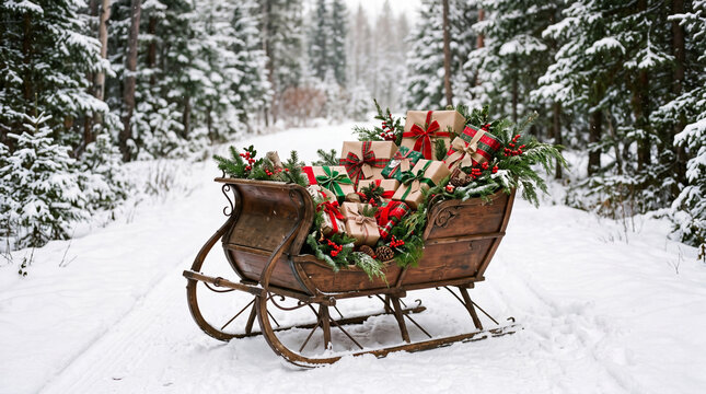 Rustic wooden sleigh decorated with holiday gifts and greenery on snow-covered path in snowy forest