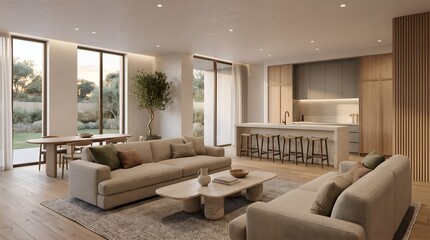 Fototapeta premium Modern minimalist open plan living room and kitchen interior with natural light and wooden furniture
