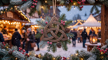 Obraz premium A festive scene of a Christmas market with snowy surroundings, glowing lights, and decorated evergreen branches framing a Celtic ornament