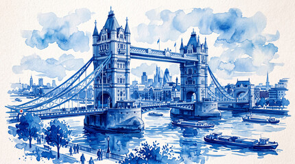 Obraz premium A watercolor painting of a city bridge with intricate architectural details under a cloudy sky