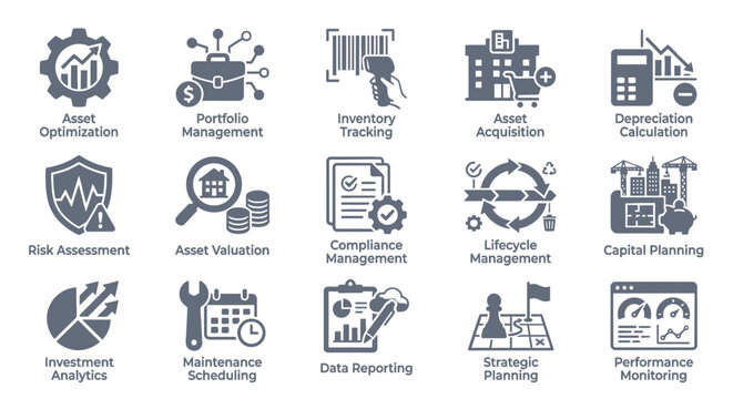 Business Asset Management and Financial Planning Icons Set for Portfolio, Risk, and Investment Tracking