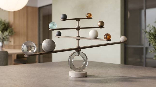 Balancing risk and reward with spheres on an equilibrium scale representing financial stability and structural integrity