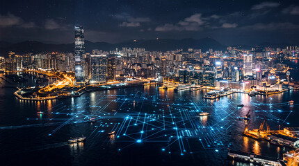 Obraz premium A vibrant city skyline at night with illuminated skyscrapers and a waterfront filled with glowing lights and digital overlays